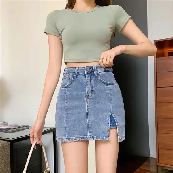 Casual Button With Slit Zipper High Waist Denim Mini Skirt - Image 20