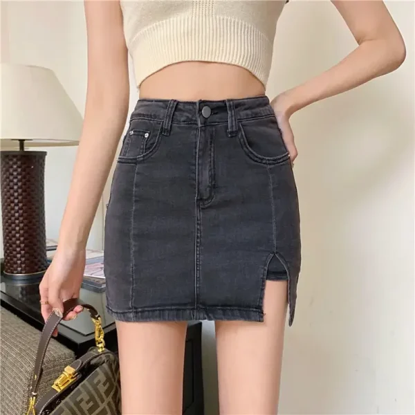 Casual Button With Slit Zipper High Waist Denim Mini Skirt - Image 23