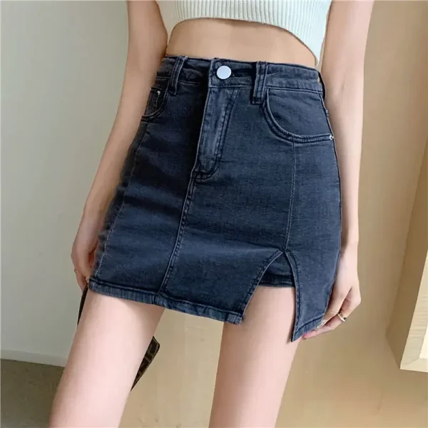 Casual Button With Slit Zipper High Waist Denim Mini Skirt - Image 24