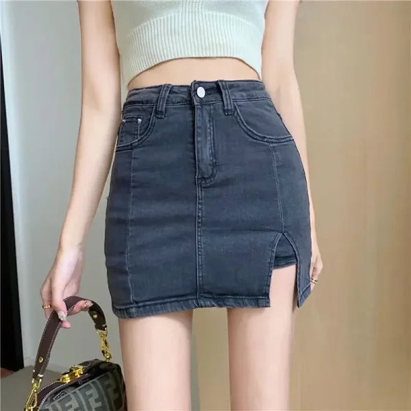 Casual Button With Slit Zipper High Waist Denim Mini Skirt - Image 25