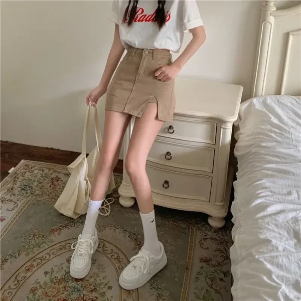 Casual Button With Slit Zipper High Waist Denim Mini Skirt - Image 4