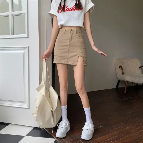Casual Button With Slit Zipper High Waist Denim Mini Skirt - Image 6