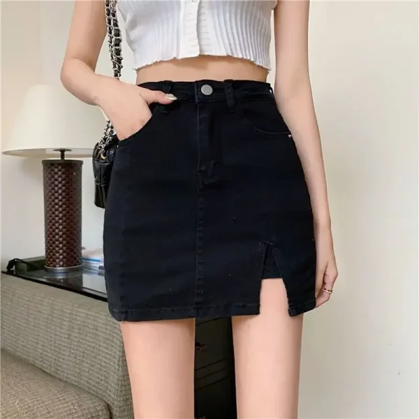 Casual Button With Slit Zipper High Waist Denim Mini Skirt - Image 8