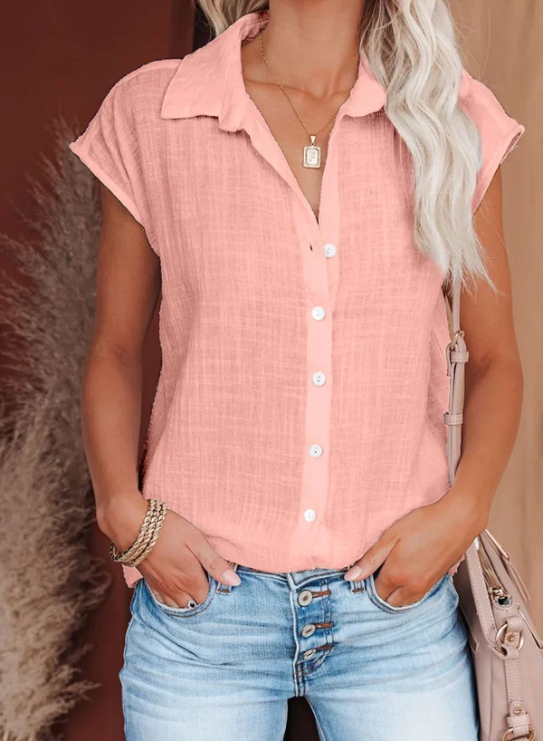 Casual Cotton Solid Color Linen Short-sleeved Buttons Loose Shirt - Image 2