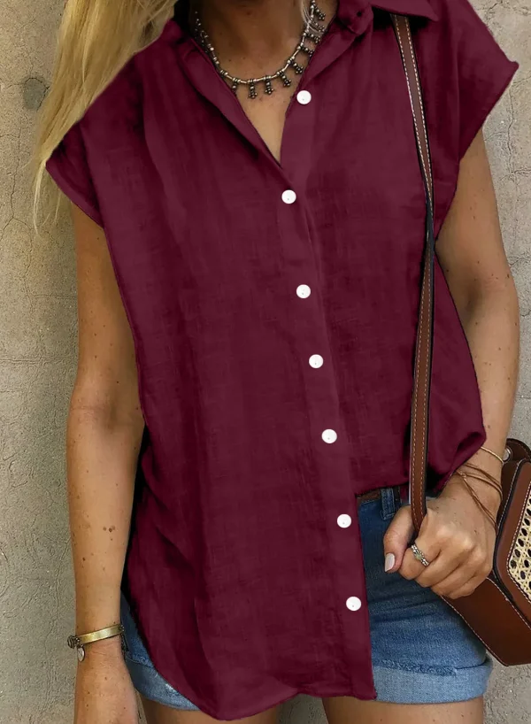 Casual Cotton Solid Color Linen Short-sleeved Buttons Loose Shirt - Image 15