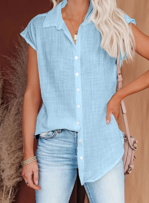Casual Cotton Solid Color Linen Short-sleeved Buttons Loose Shirt - Image 12