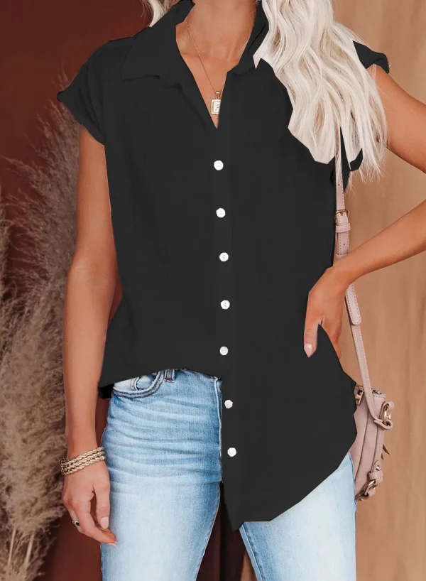 Casual Cotton Solid Color Linen Short-sleeved Buttons Loose Shirt - Image 8