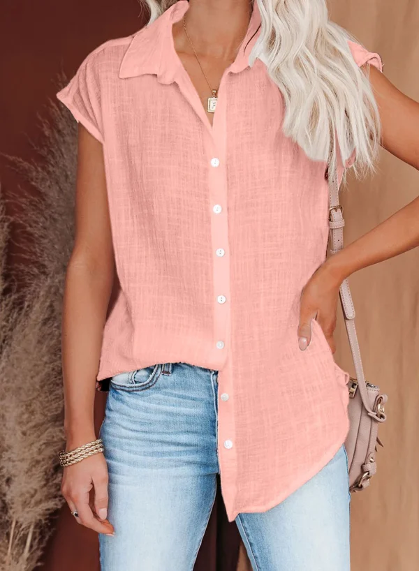 Casual Cotton Solid Color Linen Short-sleeved Buttons Loose Shirt