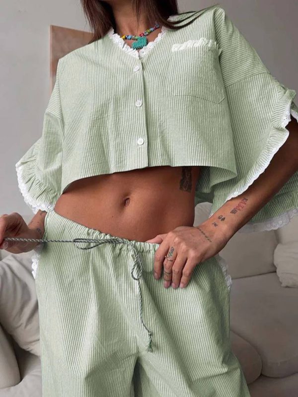 Casual Cotton V-Neck Petal Sleeve Patchwork Crop Shirt Lace Drawstring Pants Set - Image 4