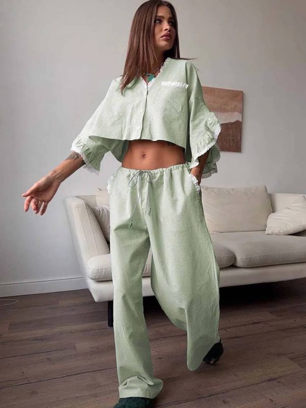 Casual Cotton V-Neck Petal Sleeve Patchwork Crop Shirt Lace Drawstring Pants Set