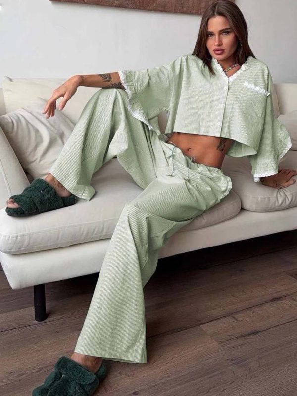 Casual Cotton V-Neck Petal Sleeve Patchwork Crop Shirt Lace Drawstring Pants Set - Image 2