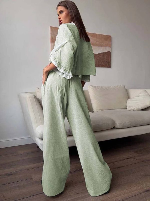 Casual Cotton V-Neck Petal Sleeve Patchwork Crop Shirt Lace Drawstring Pants Set - Image 3