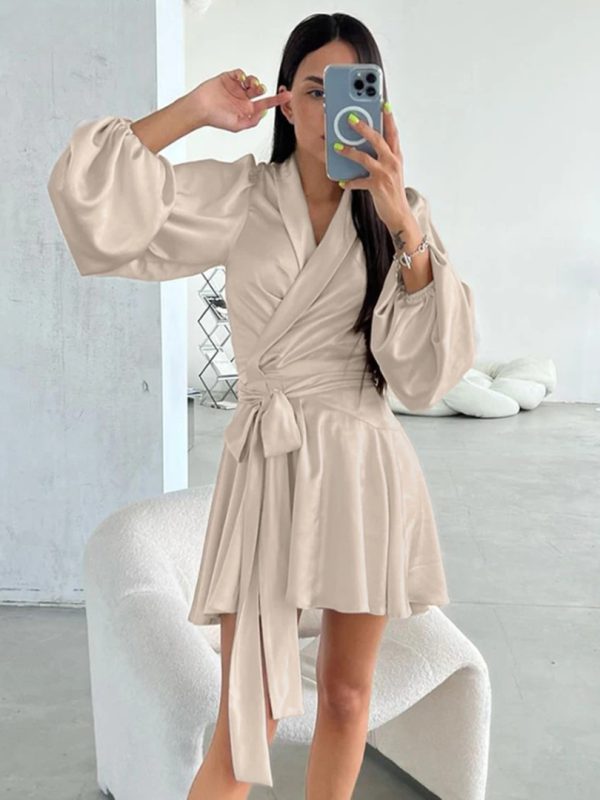 Casual Elegant Classic Lace-Up Loose V-Neck Long Sleeve Mini Dresses