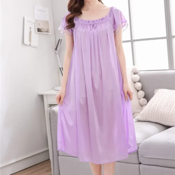 Casual Faux Ice Silk Medium Length Short Sleeve Nightdress - Image 10