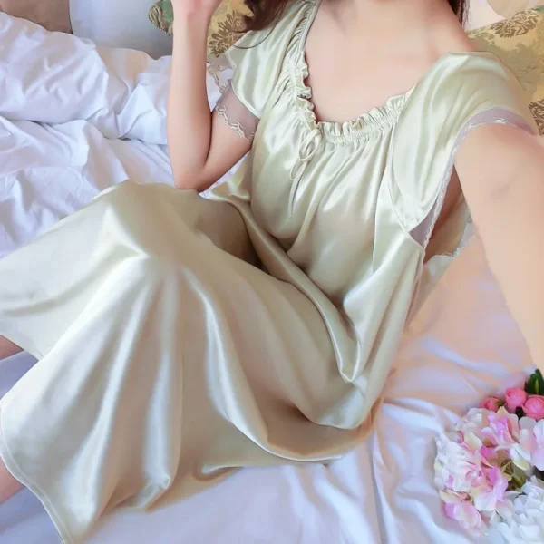 Casual Faux Ice Silk Medium Length Short Sleeve Nightdress - Image 3