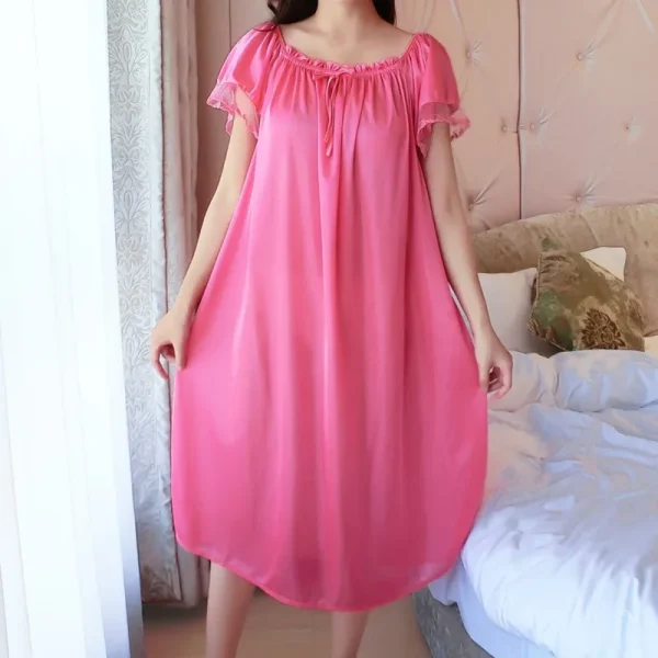Casual Faux Ice Silk Medium Length Short Sleeve Nightdress - Image 4