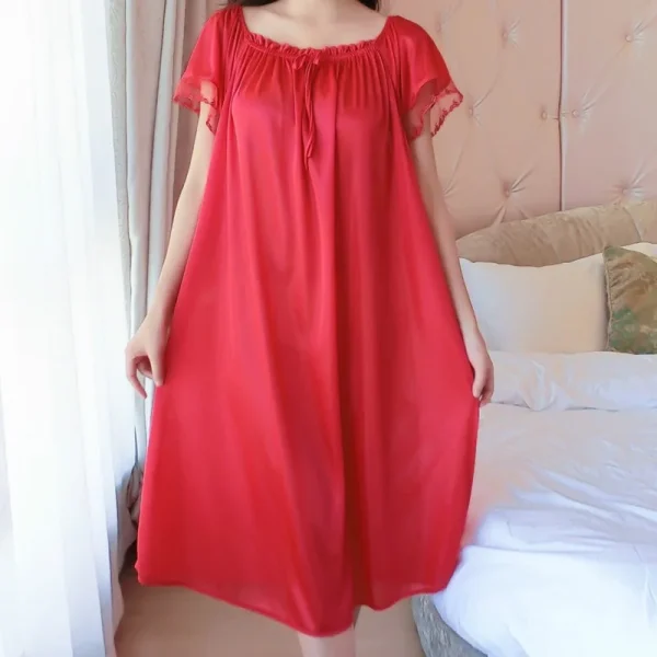 Casual Faux Ice Silk Medium Length Short Sleeve Nightdress - Image 5