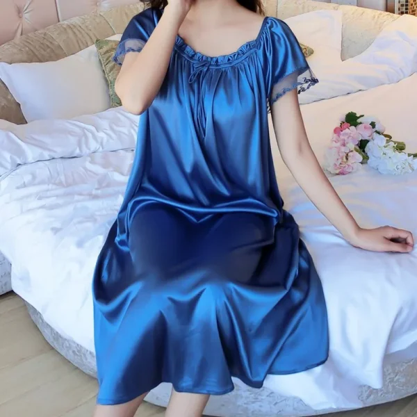 Casual Faux Ice Silk Medium Length Short Sleeve Nightdress - Image 6
