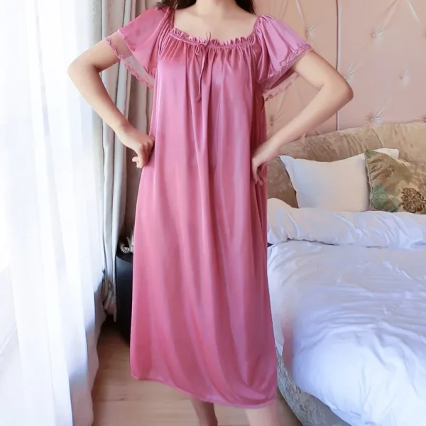 Casual Faux Ice Silk Medium Length Short Sleeve Nightdress - Image 7