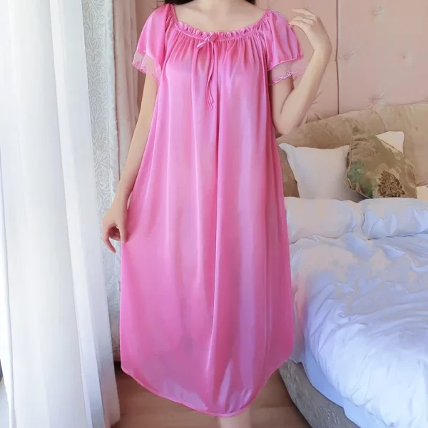 Casual Faux Ice Silk Medium Length Short Sleeve Nightdress - Image 9