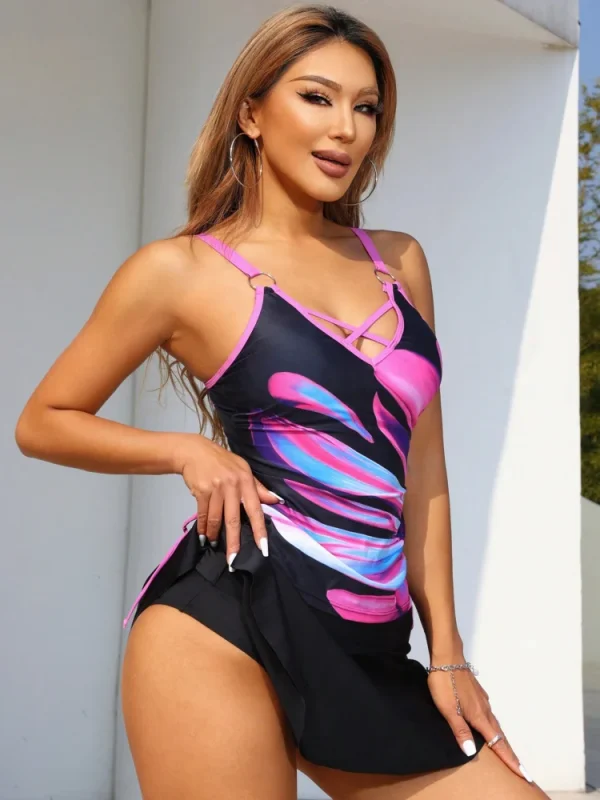 Casual Flowers New Solid Print Sling V Neck Tankini Swimwear - Image 4