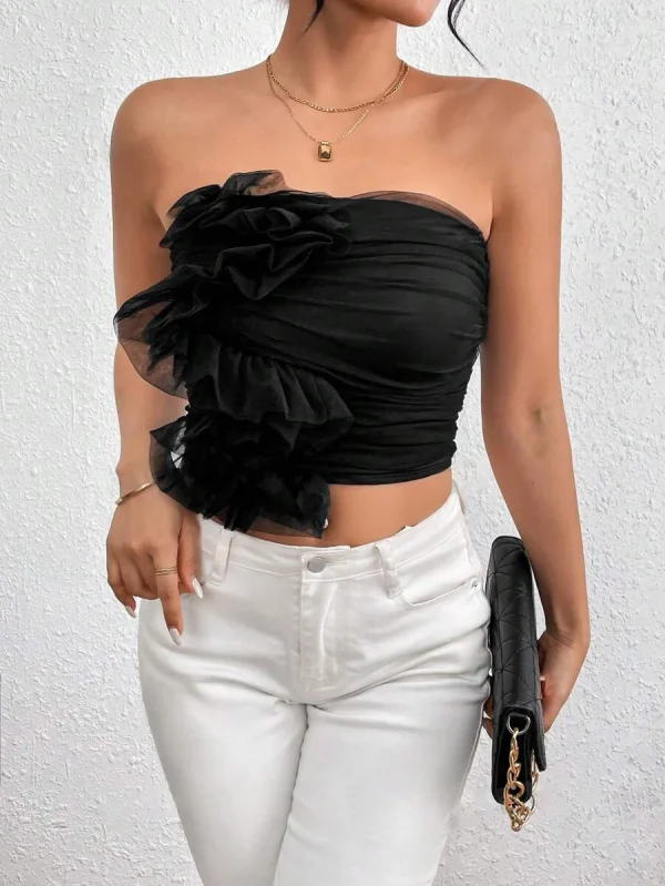 Casual Folds Style Stylish Mesh Pleated Strapless Backless Top - Image 4