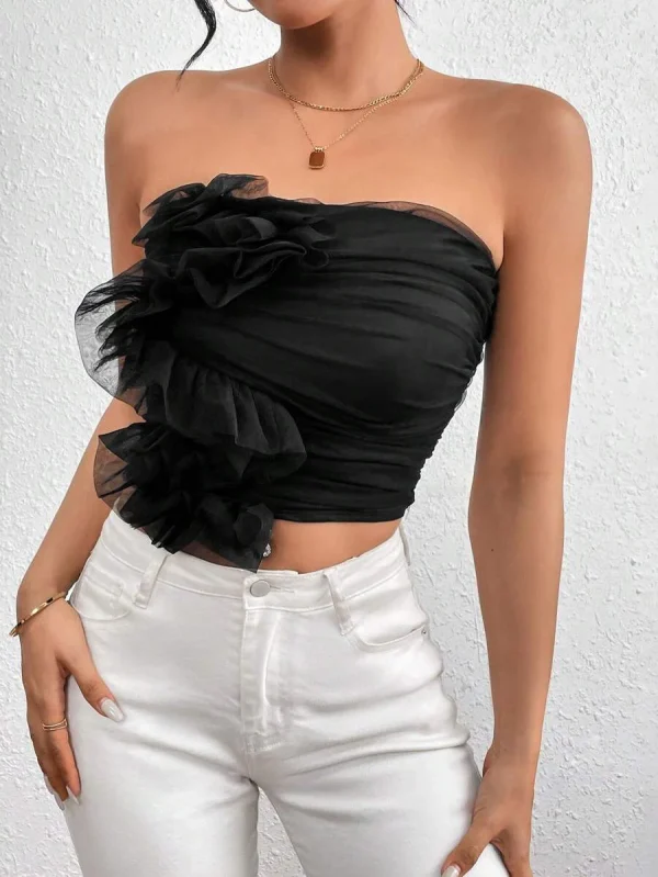 Casual Folds Style Stylish Mesh Pleated Strapless Backless Top - Image 3