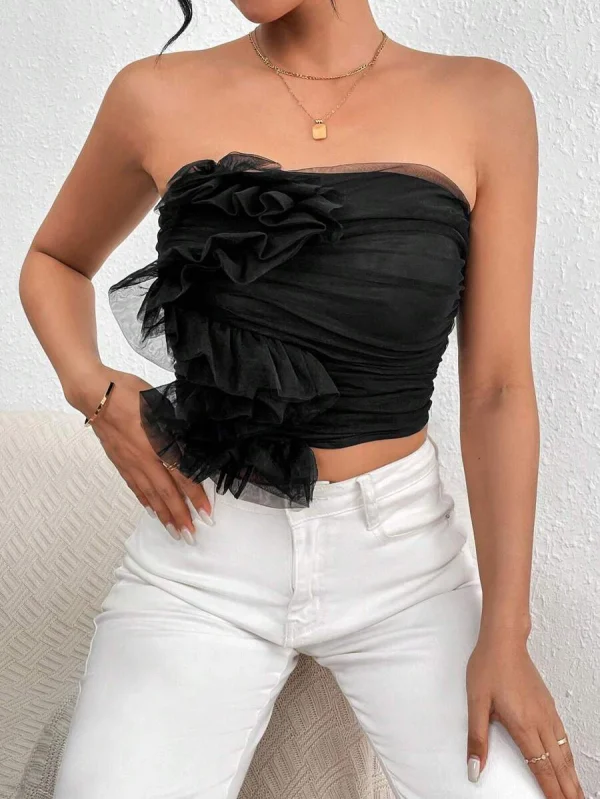 Casual Folds Style Stylish Mesh Pleated Strapless Backless Top - Image 2