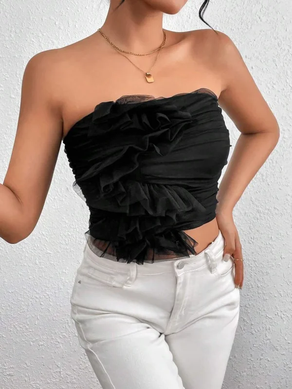 Casual Folds Style Stylish Mesh Pleated Strapless Backless Top