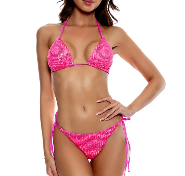 Casual Halter Glitter Button Solid Wire Free Sequin Bikini Set - Image 3