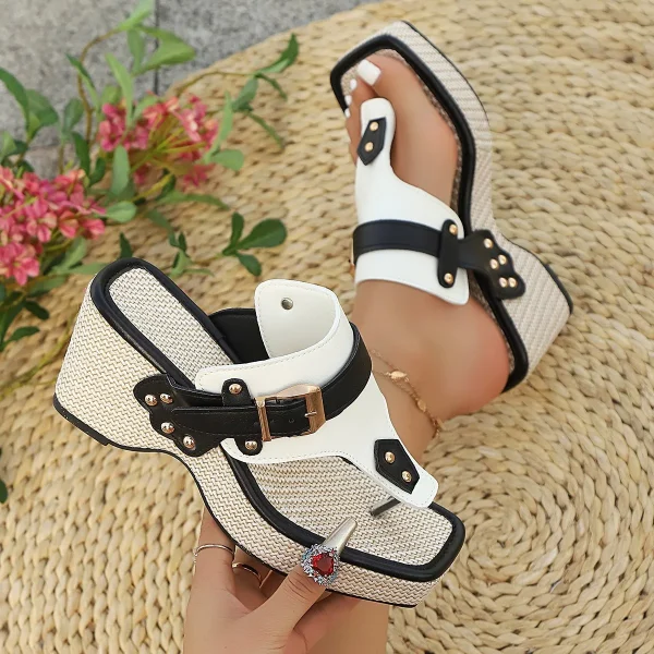 Casual Height-Increasing Thick-Heeled Metal Buckle With One-Shoulder Beach Flip-Flops Sandals - Image 5
