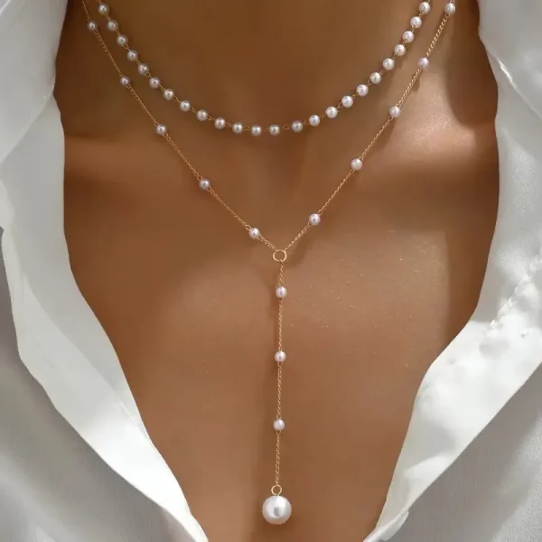 Casual Imitation Pearl Double Layered Choker Big Ball Bead Pendant Tassel Necklace - Image 2