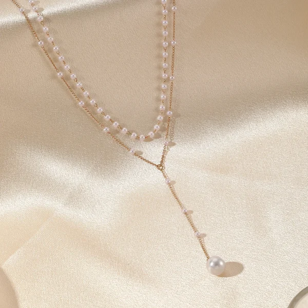 Casual Imitation Pearl Double Layered Choker Big Ball Bead Pendant Tassel Necklace - Image 3