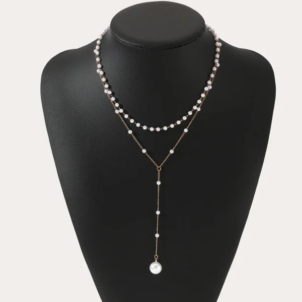Casual Imitation Pearl Double Layered Choker Big Ball Bead Pendant Tassel Necklace - Image 4