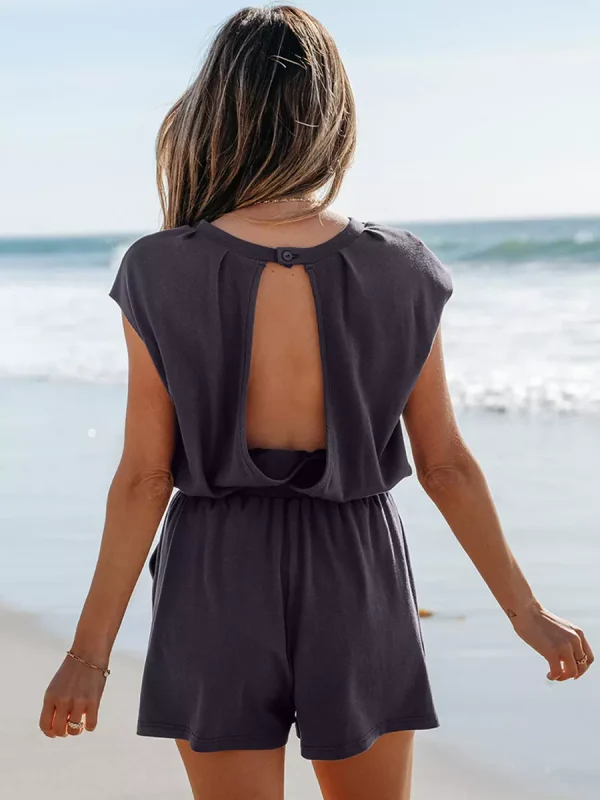 Casual Jewel Neck Open Shoulder Short Sleeve Backless Drawstring Jumpsuits & Romper - Image 3