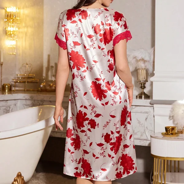 Casual Lace Satin Floral Print Short Sleeved Nightgown - Image 6