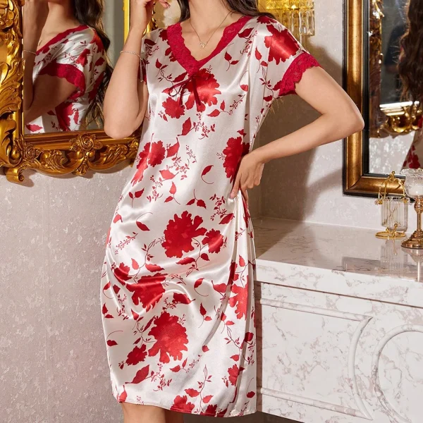 Casual Lace Satin Floral Print Short Sleeved Nightgown - Image 4