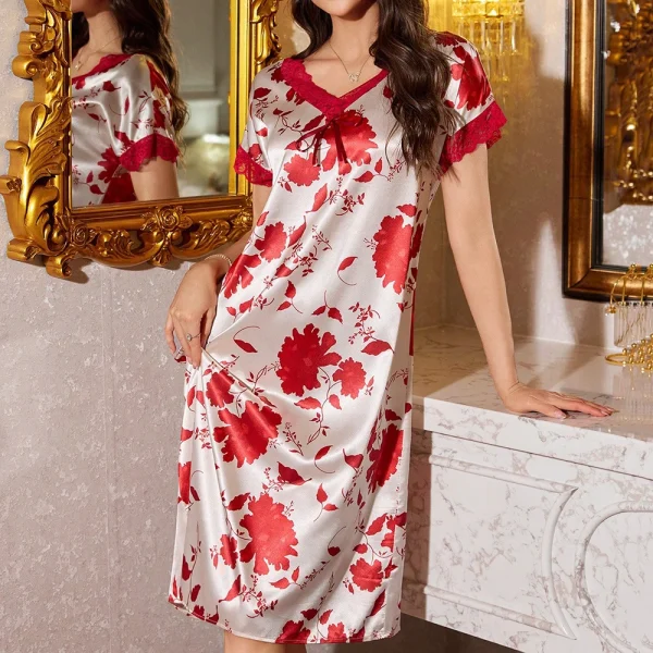 Casual Lace Satin Floral Print Short Sleeved Nightgown - Image 2