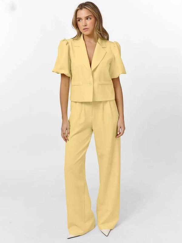 Casual Lapel Short Sleeve Single Button Shirts High Waist Straight Pants Sets