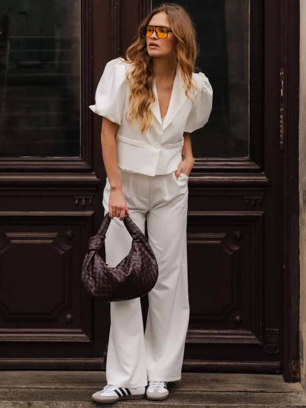 Casual Lapel Short Sleeve Single Button Shirts High Waist Straight Pants Sets - Image 4