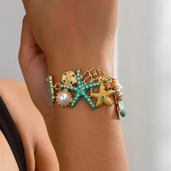 Casual Link Chain Ocean Starfish Coral Bead Shell Anchor Sparkling Diamond Bracelet