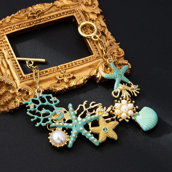Casual Link Chain Ocean Starfish Coral Bead Shell Anchor Sparkling Diamond Bracelet - Image 2