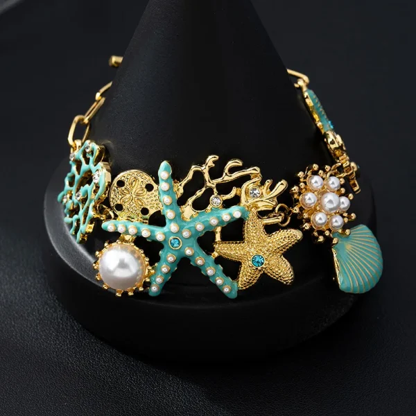 Casual Link Chain Ocean Starfish Coral Bead Shell Anchor Sparkling Diamond Bracelet - Image 3