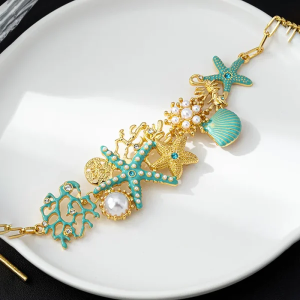 Casual Link Chain Ocean Starfish Coral Bead Shell Anchor Sparkling Diamond Bracelet - Image 4