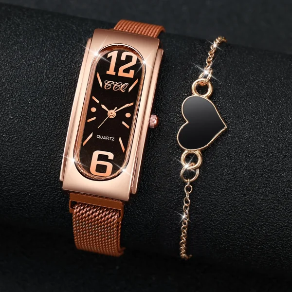 Casual Magnet Buckle Mesh Band Bracelet Quartz Watch Rectangle 2PCS Set - Image 2
