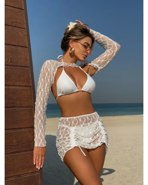 Casual Mesh Four-piece Beach Solid Color Long Sleeves Swimsuit - Image 3