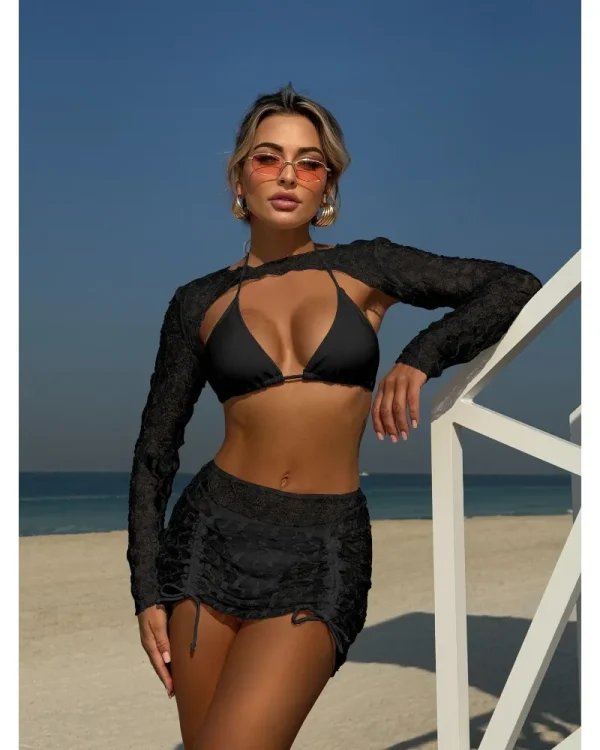 Casual Mesh Four-piece Beach Solid Color Long Sleeves Swimsuit - Image 5