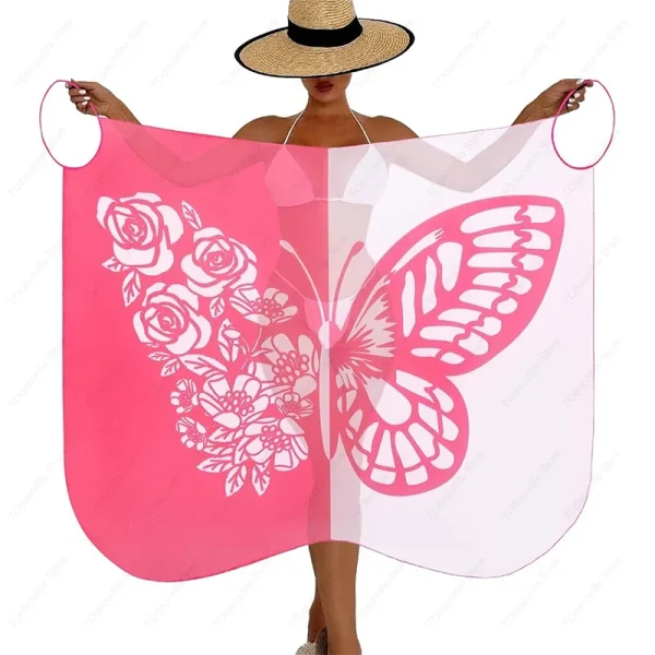 Casual Mesh Spaghetti Strap Wrap Butterfly Print Color Block Long Cover Up - Image 2