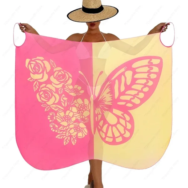 Casual Mesh Spaghetti Strap Wrap Butterfly Print Color Block Long Cover Up - Image 3