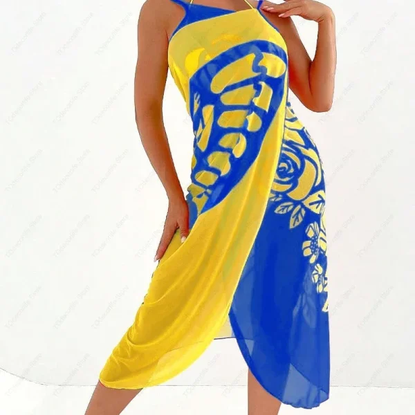 Casual Mesh Spaghetti Strap Wrap Butterfly Print Color Block Long Cover Up - Image 4